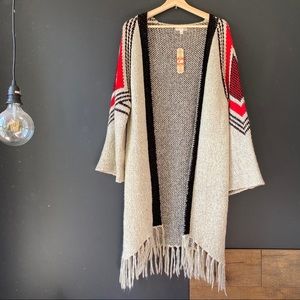 GB Open knit aztec fringe long cozy cardigan